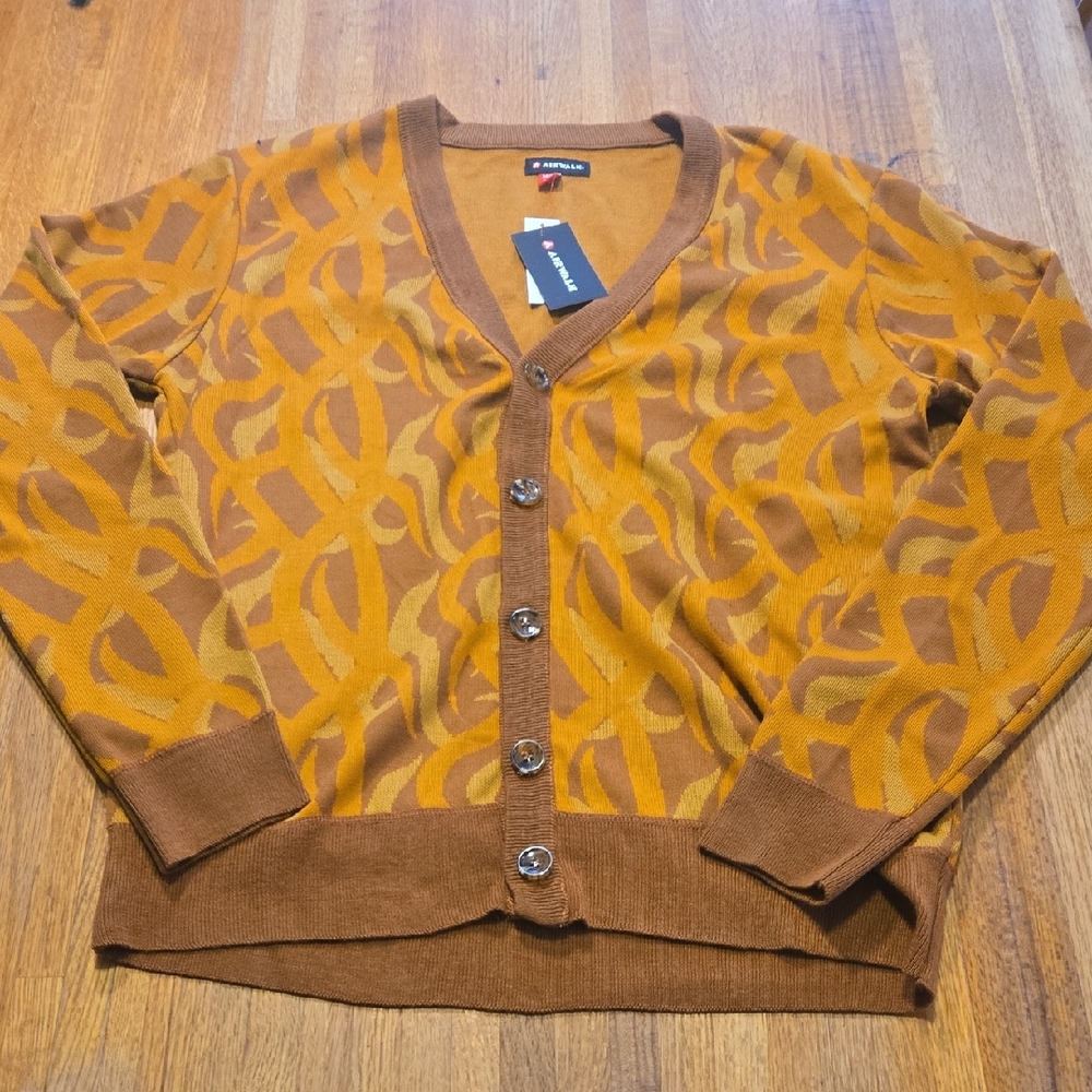 Airwalk‎ Men Medium Amber Brown Orange V-Neck Button Down Retro Cardigan Sweater